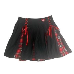 Skelanimals Hot Topic Black Red‎ Plaid Skull Pleated Mini Skirt SM Punk Grunge